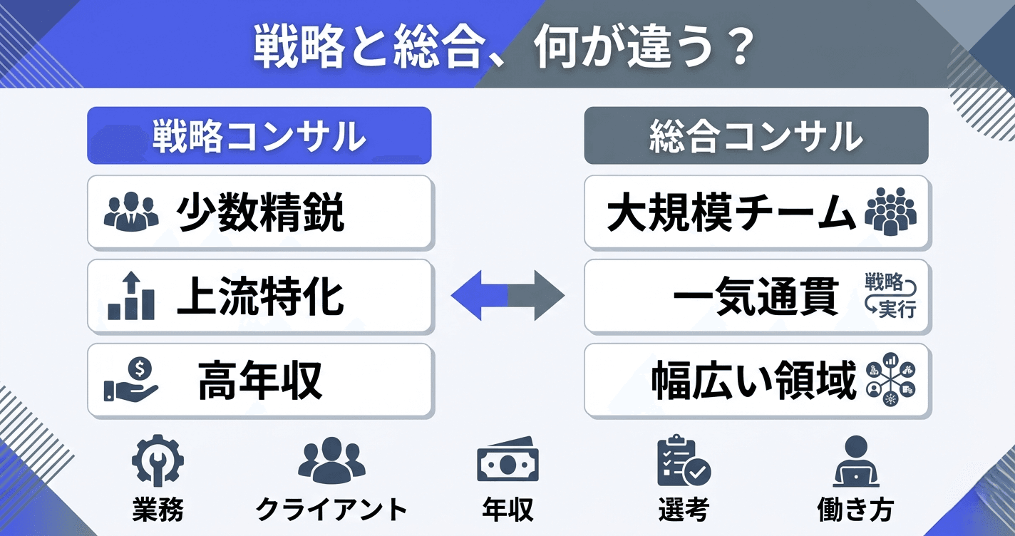 コンサル志望者必見 戦略コンサルと総合コンサルの違いとは?業務・年収・選考を比較